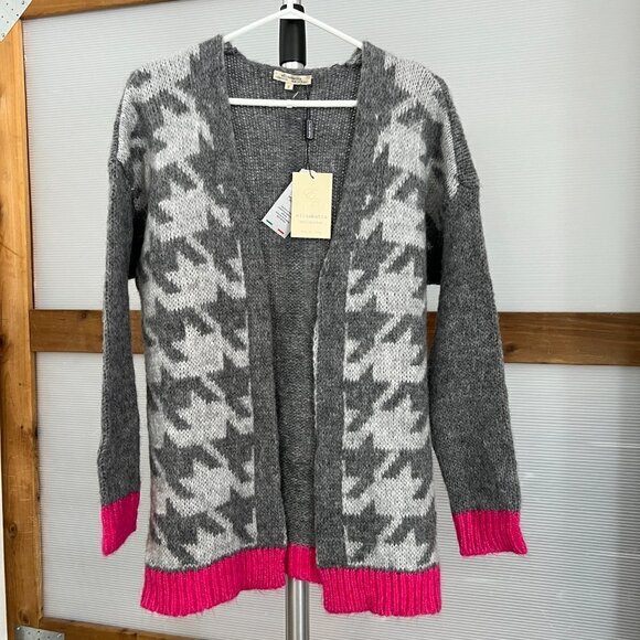 NWT Elisabetta Collection‎ Wool Mohair Blend Houndstooth Cardigan Grey Pink Sz S - Picture 1 of 14
